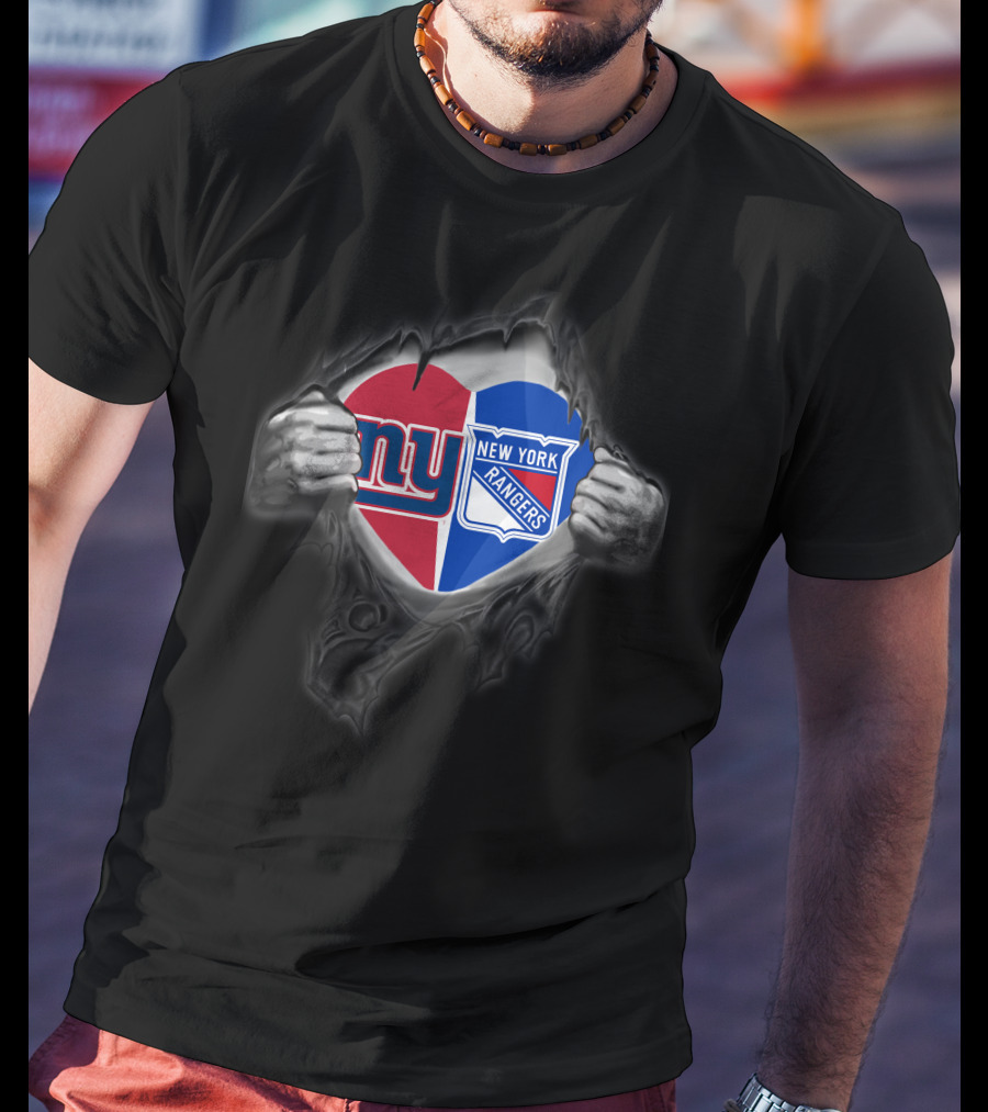 New York Giants Ny And New York Rangers Heart Torn Fabric T-Shirt