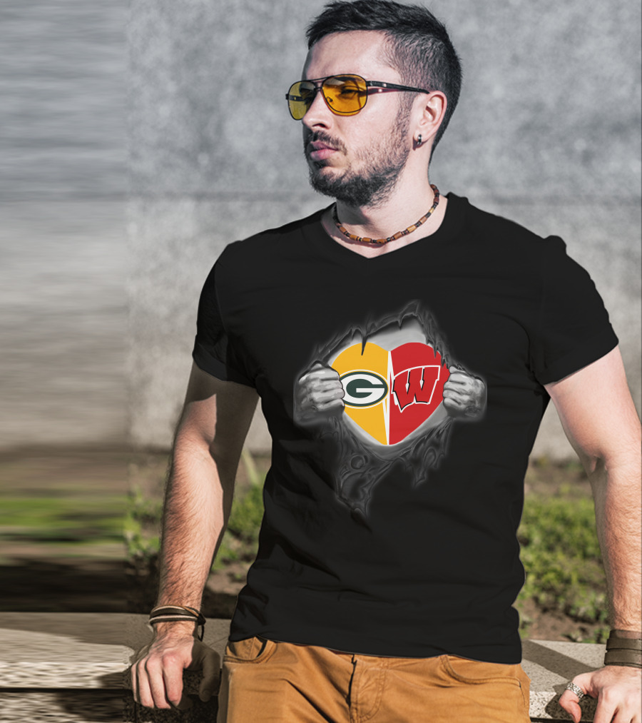 Packers Badgers Heart Tearing Open T-Shirt
