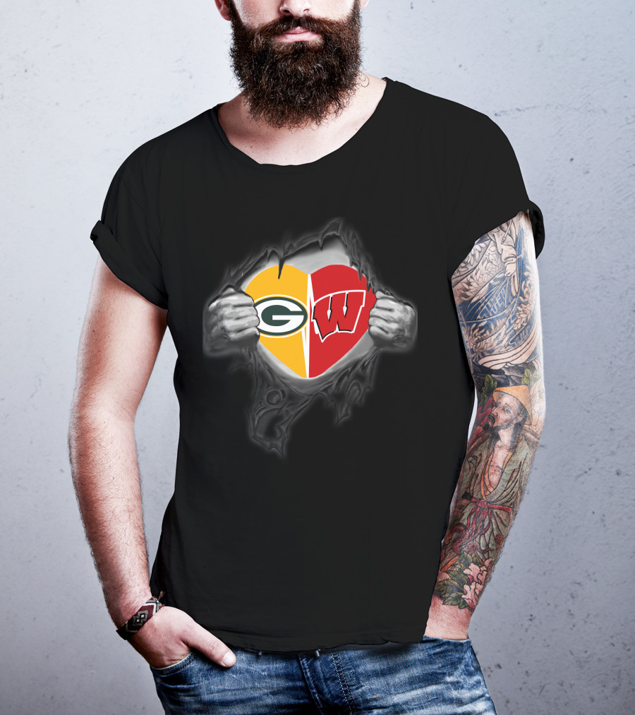Packers Badgers Heart Tearing Open T-Shirt