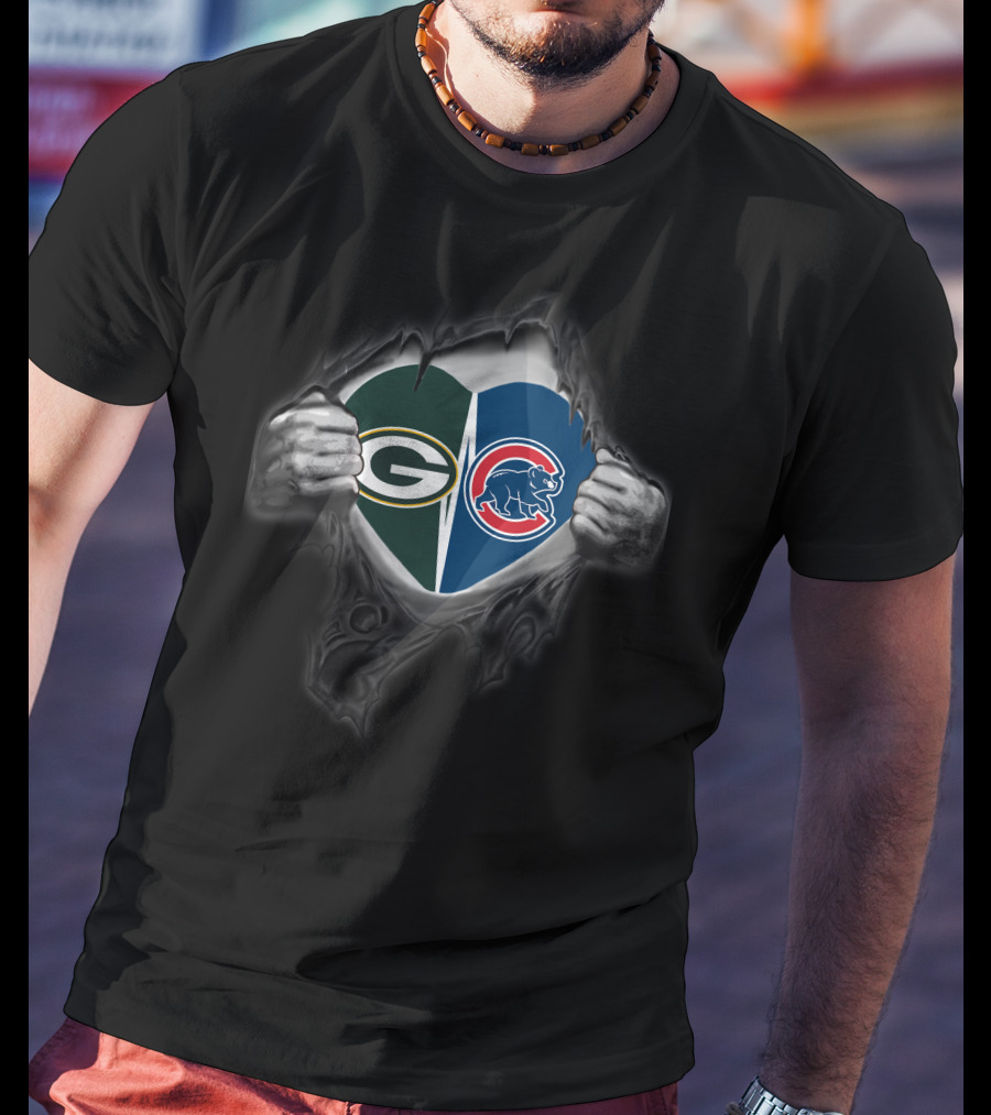Packers Cubs Heart Logos Torn Reveal T-Shirt