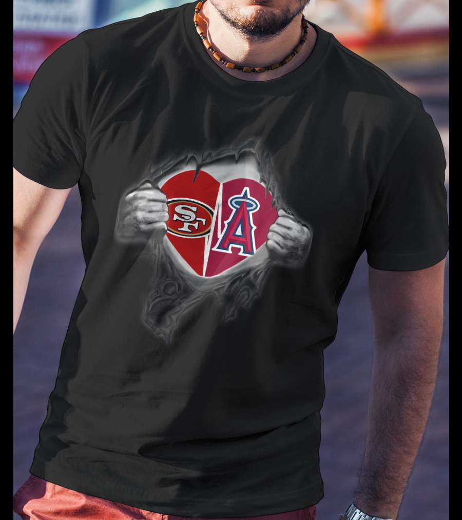 Sf 49ers Los Angeles Angels Heart Symbol With Logos T-Shirt