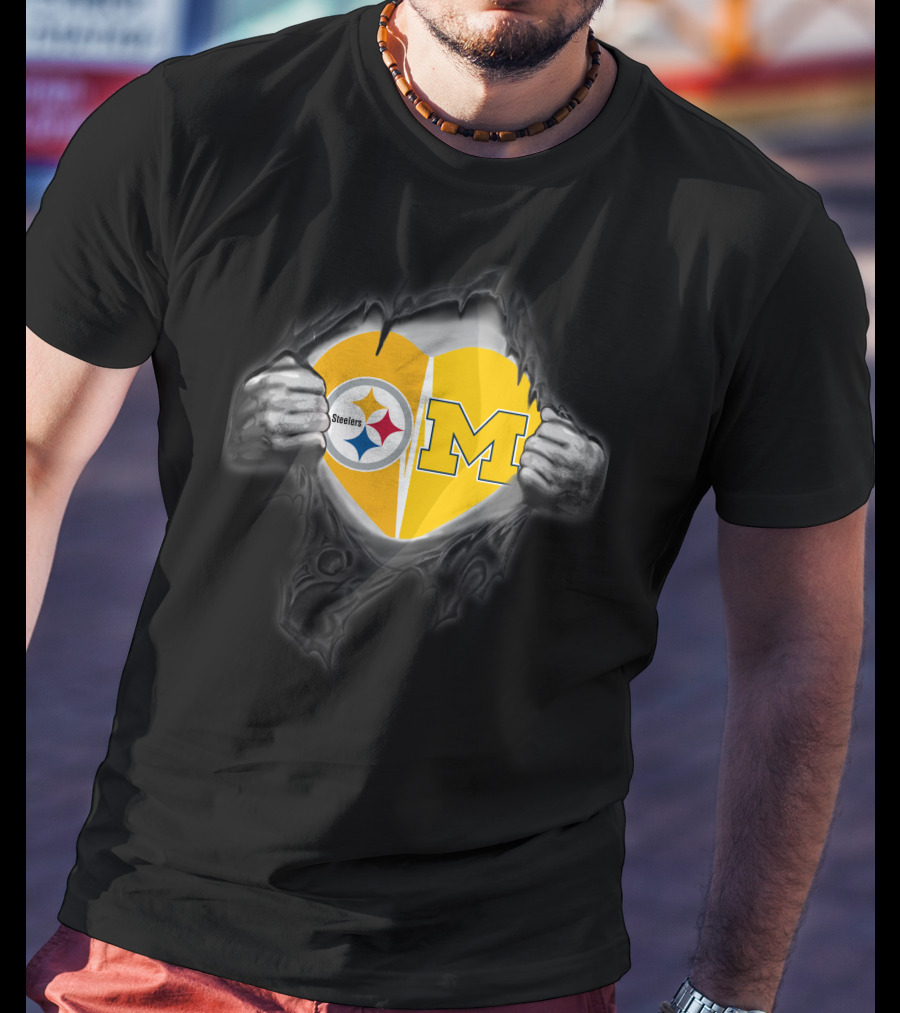 Steelers And Michigan Heart Symbol Inside Ripped Skin T-Shirt