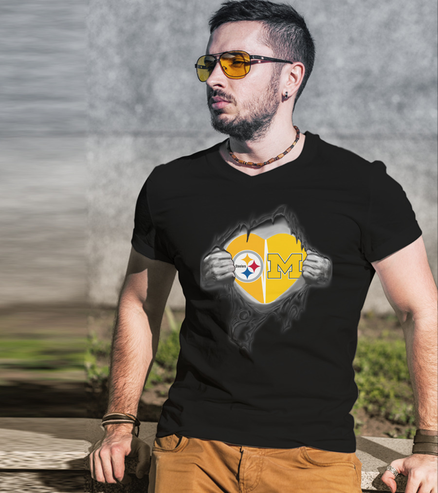 Steelers And Michigan Heart Symbol Inside Ripped Skin T-Shirt