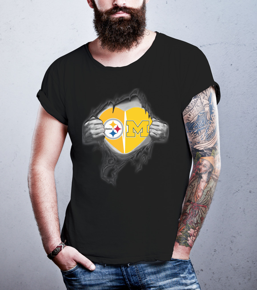 Steelers And Michigan Heart Symbol Inside Ripped Skin T-Shirt