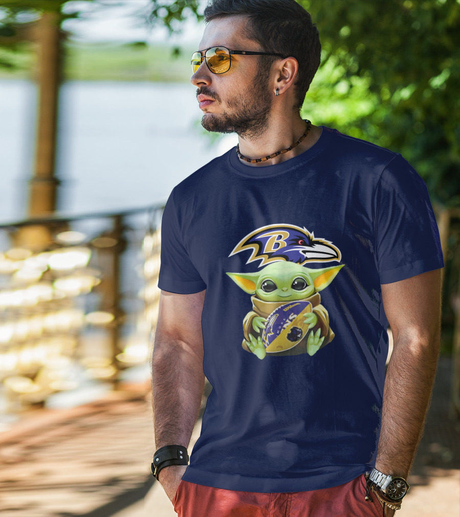 Baltimore Ravens Baby Yoda Holding Football With Team T-Shirt