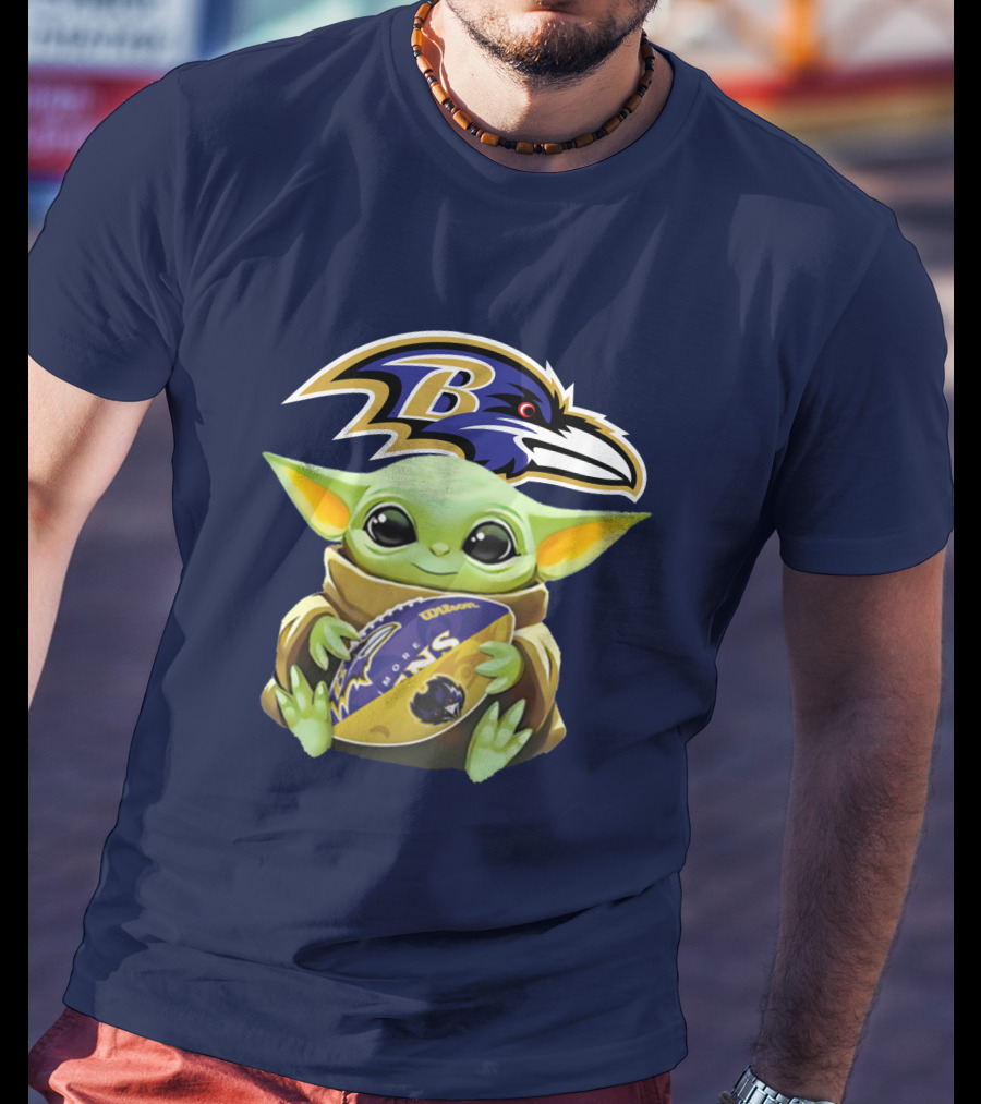 Baltimore Ravens Baby Yoda Holding Football With Team T-Shirt