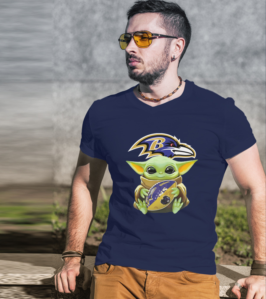 Baltimore Ravens Baby Yoda Holding Football With Team T-Shirt