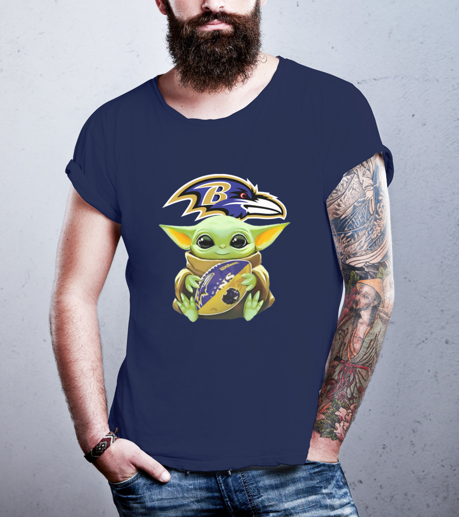 Baltimore Ravens Baby Yoda Holding Football With Team T-Shirt