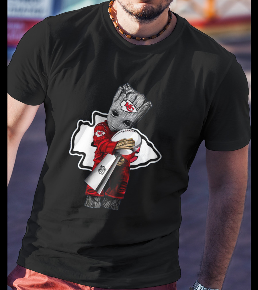 Kansas City Chiefs Baby Groot Holding Nfl Trophy T-Shirt