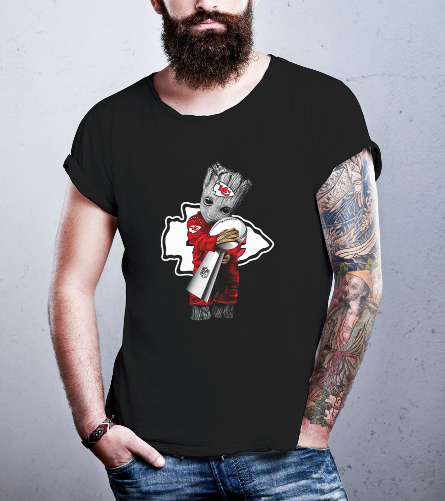 Kansas City Chiefs Baby Groot Holding Nfl Trophy T-Shirt