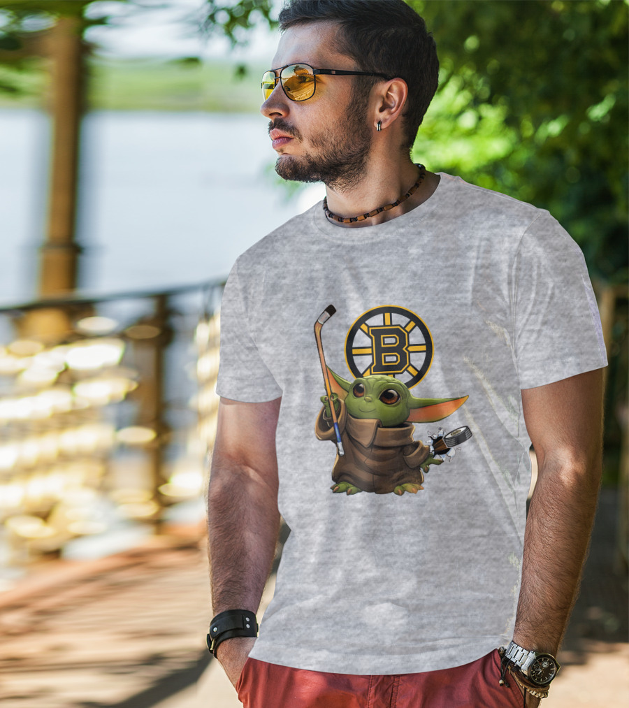 Boston Bruins Baby Yoda Hockey Stick Puck Character T-Shirt