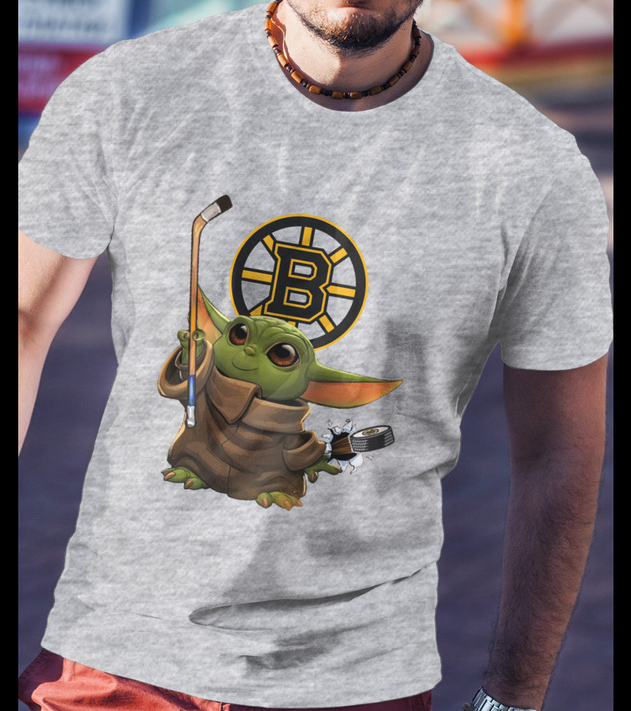 Boston Bruins Baby Yoda Hockey Stick Puck Character T-Shirt