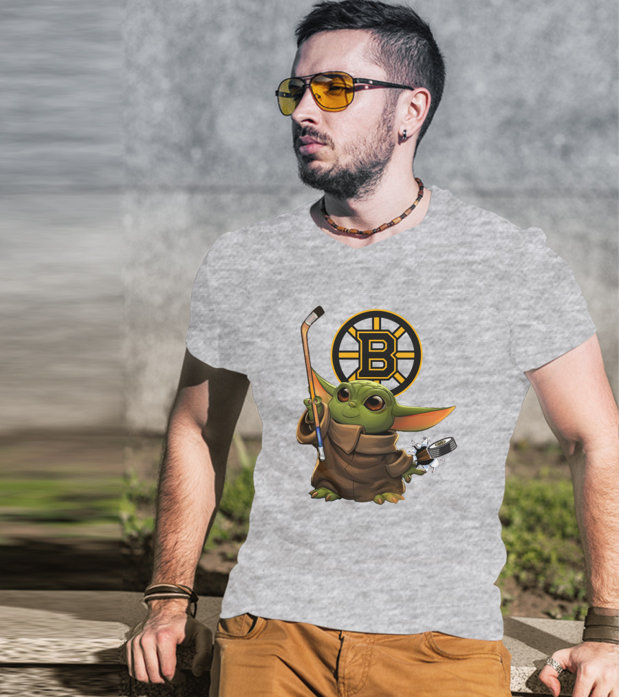 Boston Bruins Baby Yoda Hockey Stick Puck Character T-Shirt