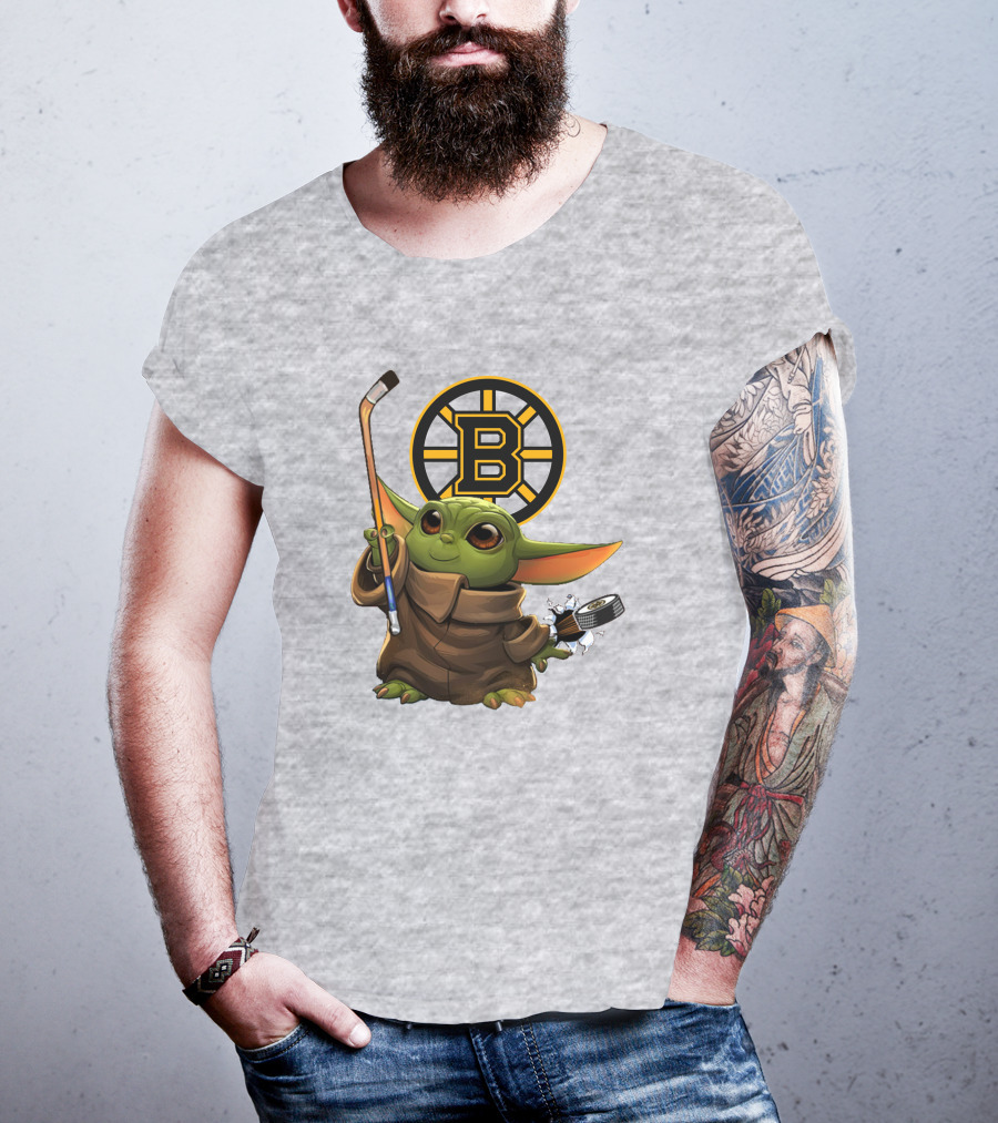 Boston Bruins Baby Yoda Hockey Stick Puck Character T-Shirt