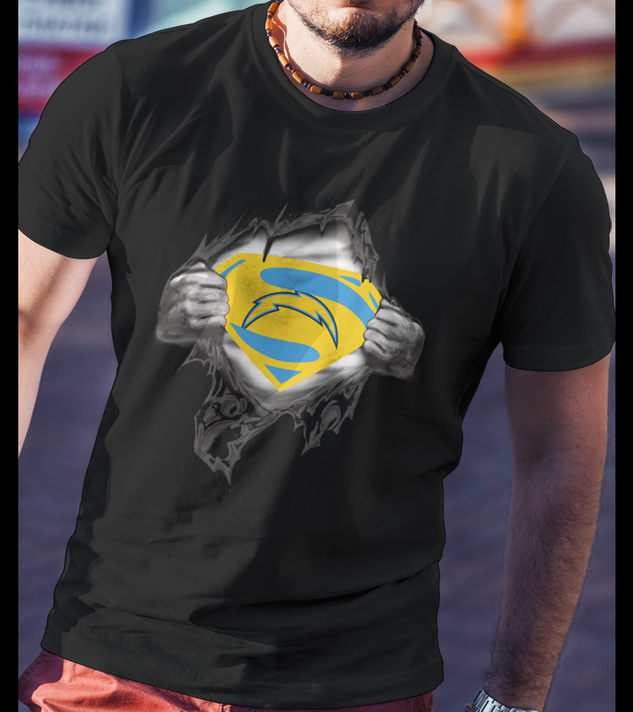 Los Angeles Chargers Superman Shield Ripped T-Shirt
