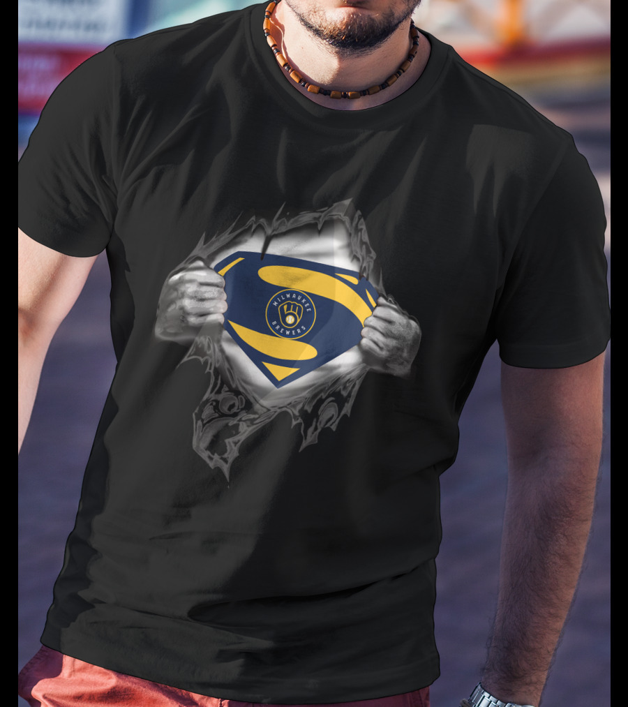 Milwaukee Brewers Superman Logo Rip Open Suit T-Shirt