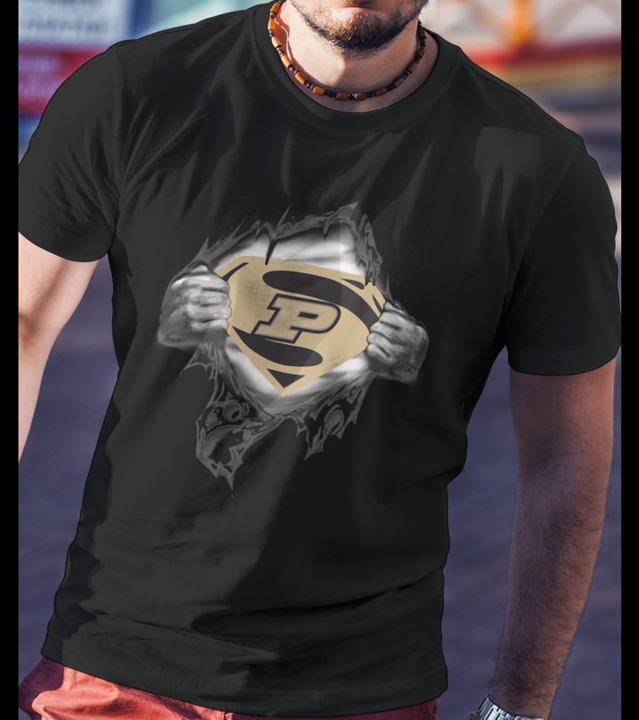 Purdue University P Logo Superhero Chest Emblem Ripped Open T-Shirt