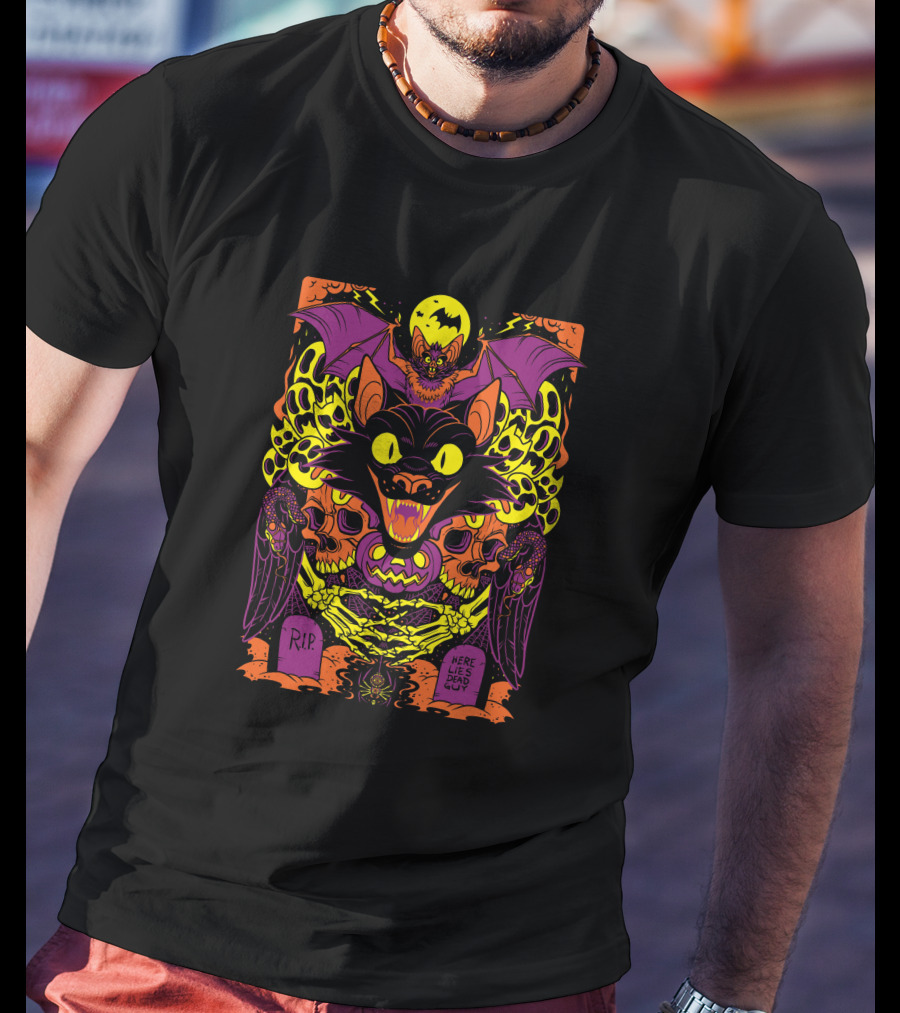 Stablercake Halloween Every Day R.I.P Here Lies Dead Guy Skull And Bat T-Shirt
