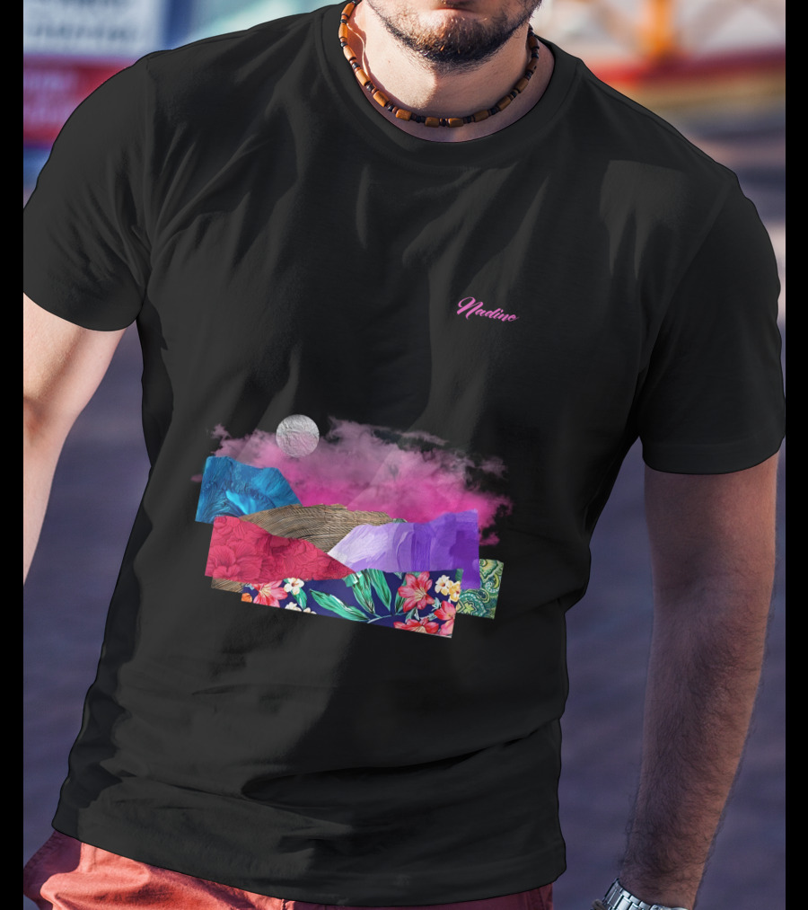 Nadine Lott Vibrant Floral Pattern With Pink And Blue Textures And White Moon T-Shirt