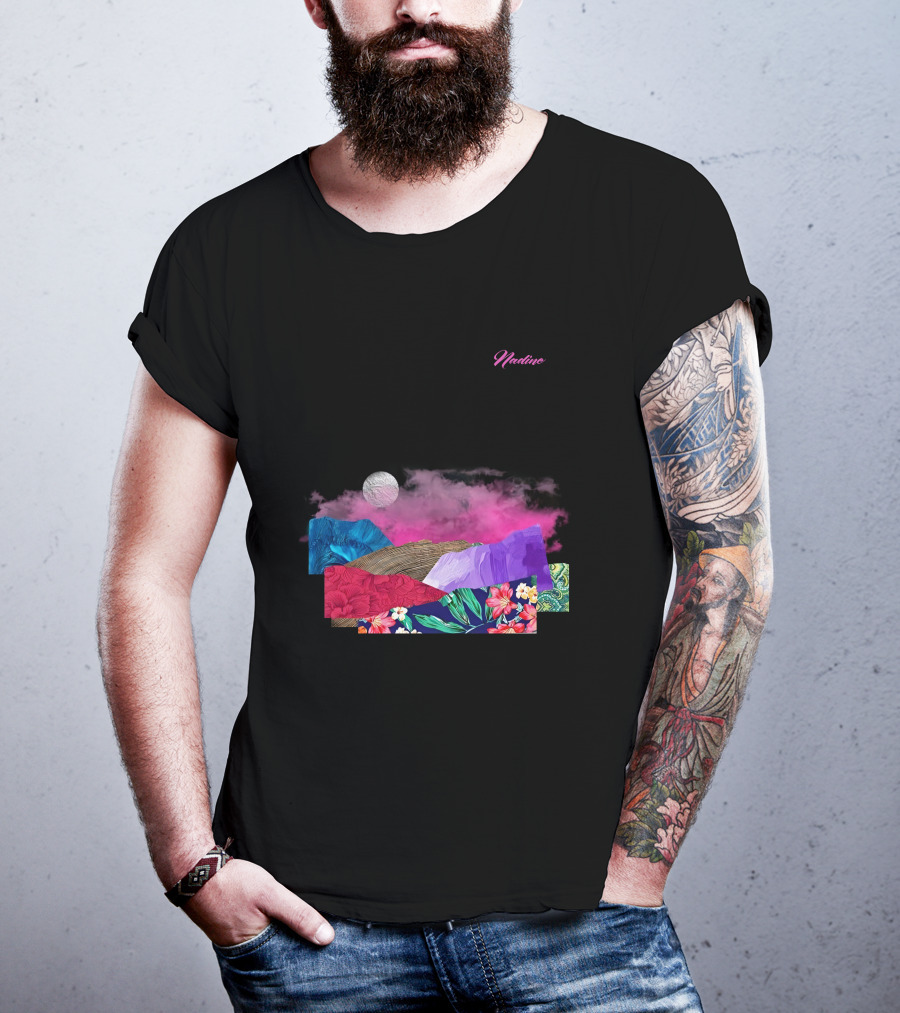 Nadine Lott Vibrant Floral Pattern With Pink And Blue Textures And White Moon T-Shirt