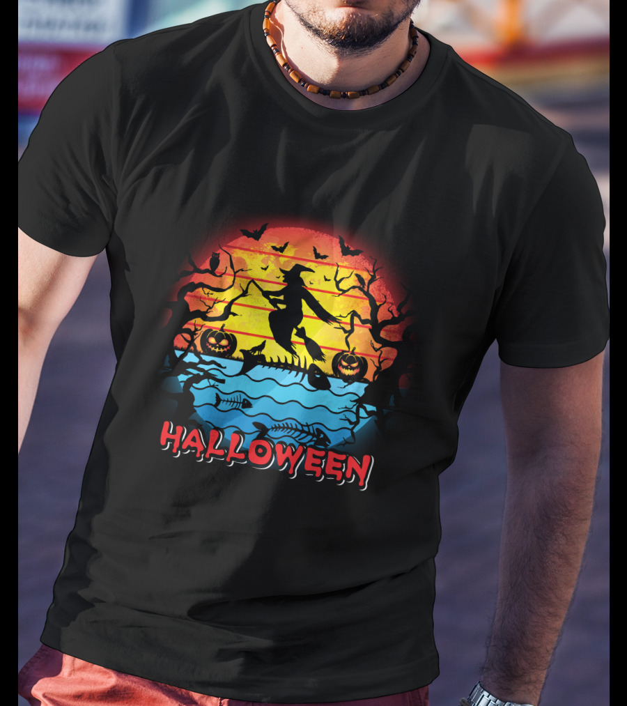 Halloween Witch And Fish Bone Sunset Scene T-Shirt