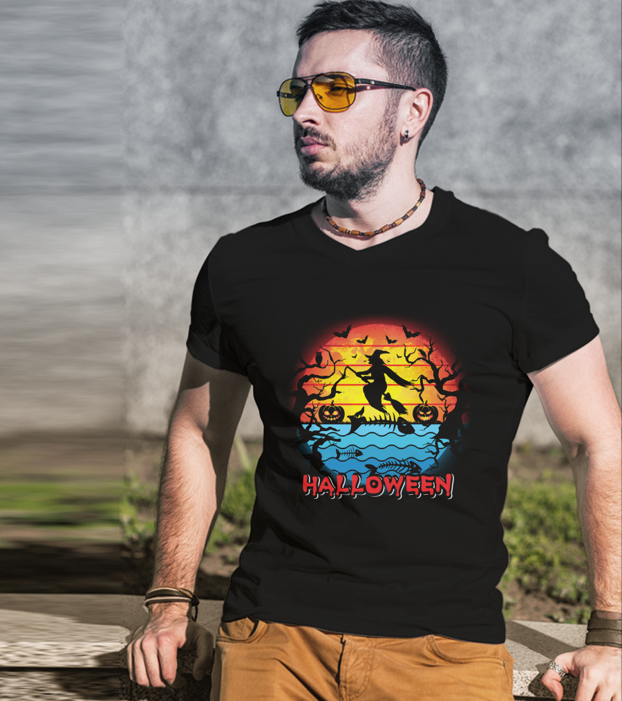 Halloween Witch And Fish Bone Sunset Scene T-Shirt
