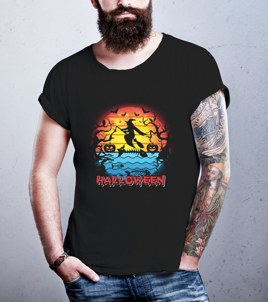 Halloween Witch And Fish Bone Sunset Scene T-Shirt