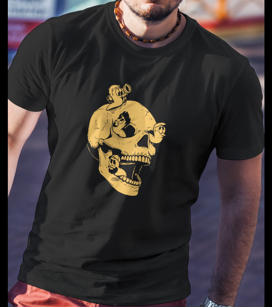 Sweet Skull Gold Variant With Worms And Cartoon Characters T-Shirt