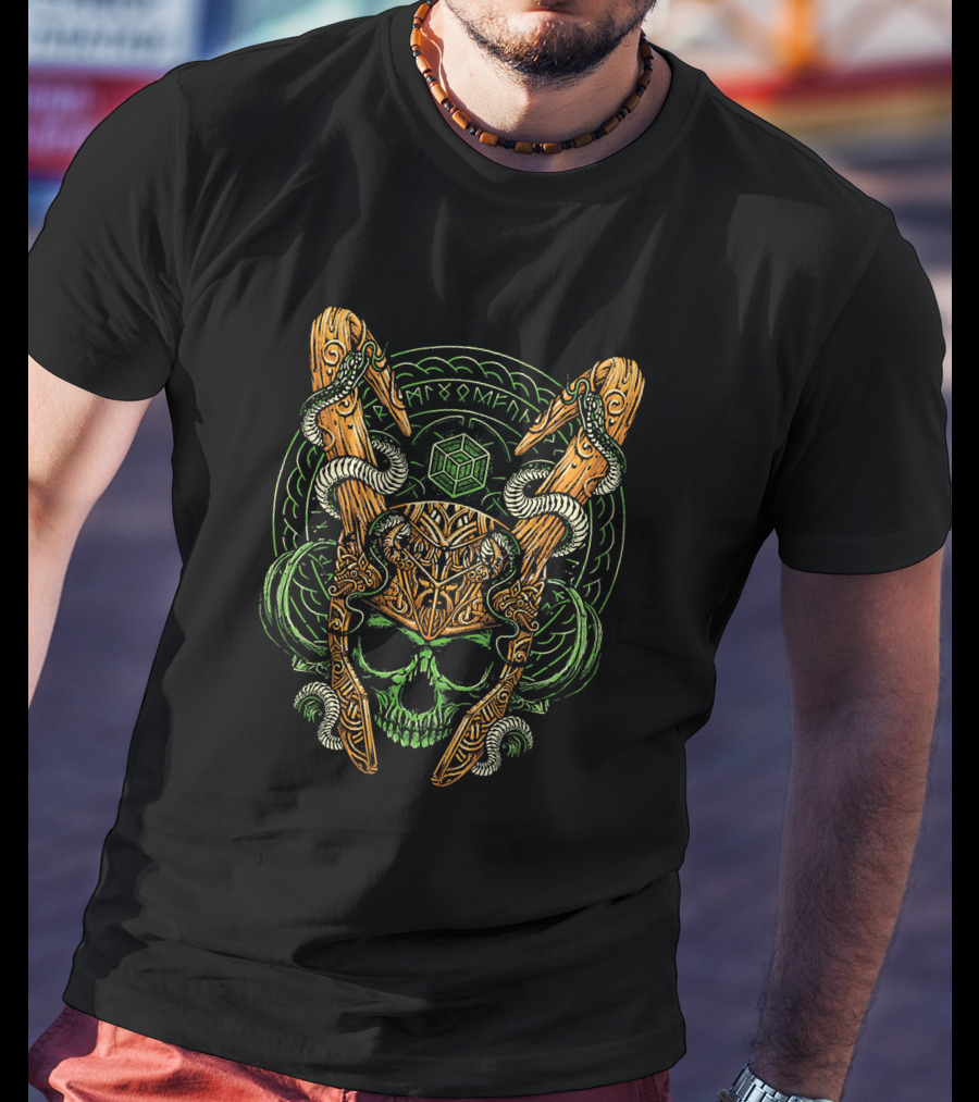 Loki Madness And Mischief Norse Helm Skull Serpents Runes Cube T-Shirt