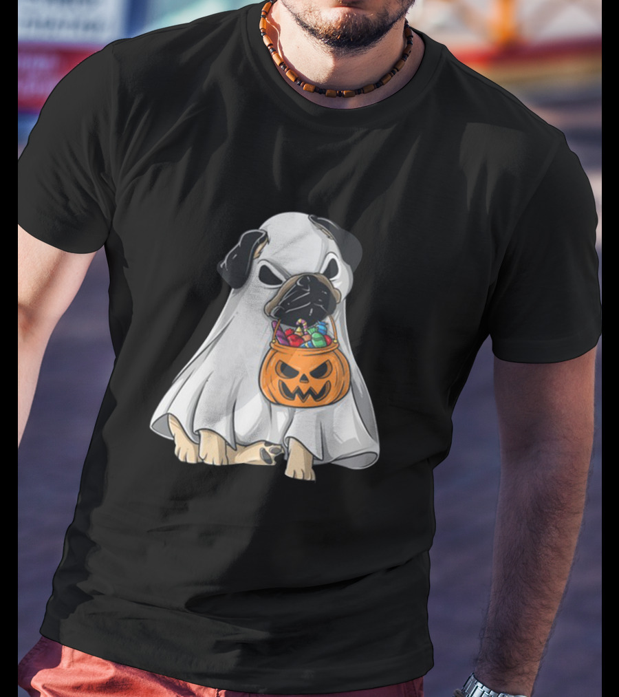 Bestee Shops Ghost Pug With Halloween Candy Bucket T-Shirt