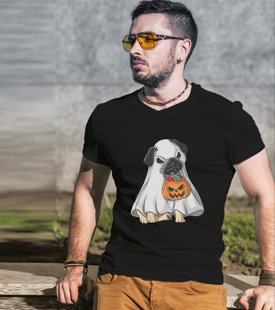 Bestee Shops Ghost Pug With Halloween Candy Bucket T-Shirt