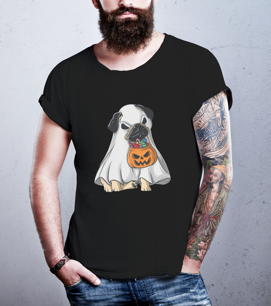 Bestee Shops Ghost Pug With Halloween Candy Bucket T-Shirt