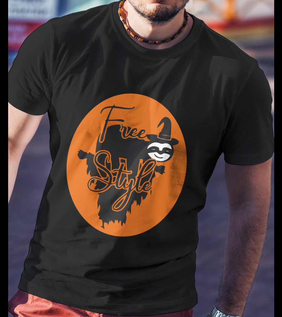 Free Style Halloween Sloth With Witch Hat In Orange Oval T-Shirt