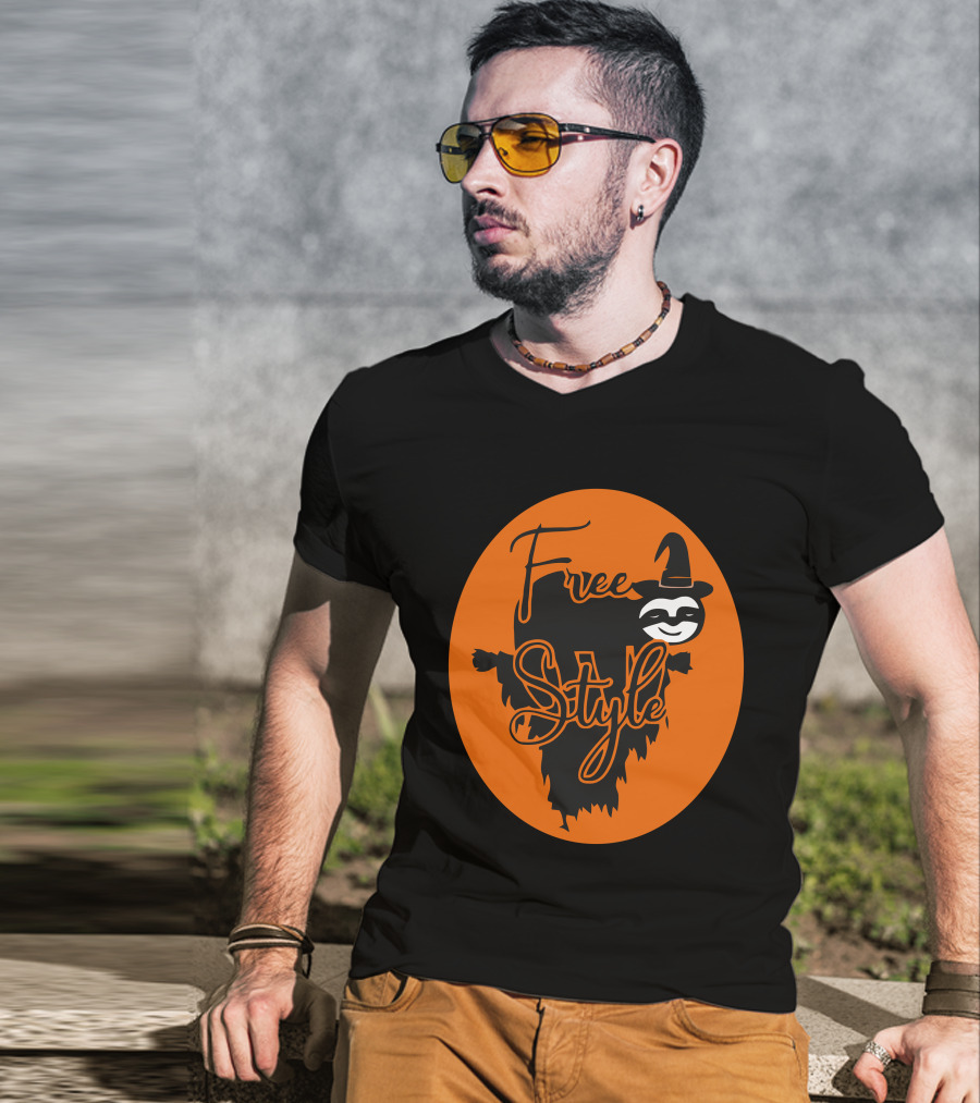 Free Style Halloween Sloth With Witch Hat In Orange Oval T-Shirt