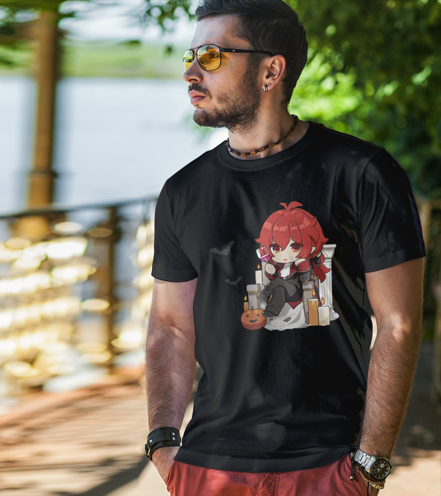 Genshin Impact Diluc Halloween Sitting With Wine And Jack-o'-Lantern T-Shirt