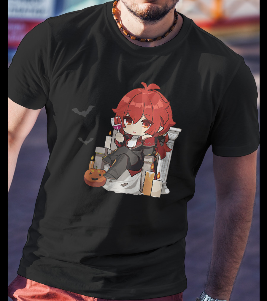Genshin Impact Diluc Halloween Sitting With Wine And Jack-o'-Lantern T-Shirt