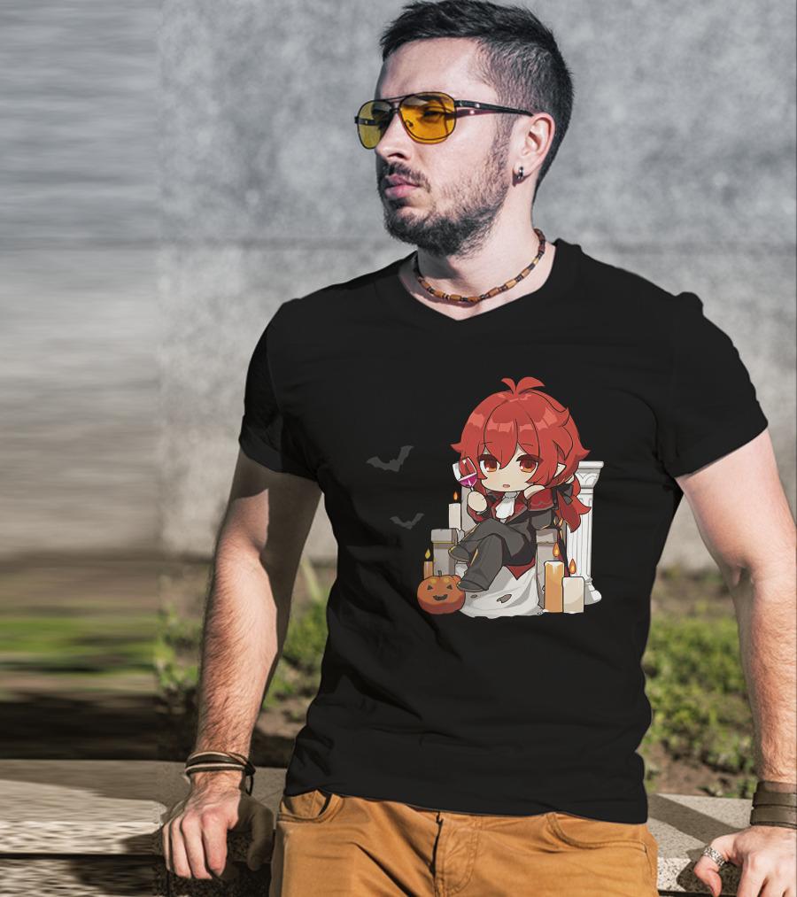 Genshin Impact Diluc Halloween Sitting With Wine And Jack-o'-Lantern T-Shirt