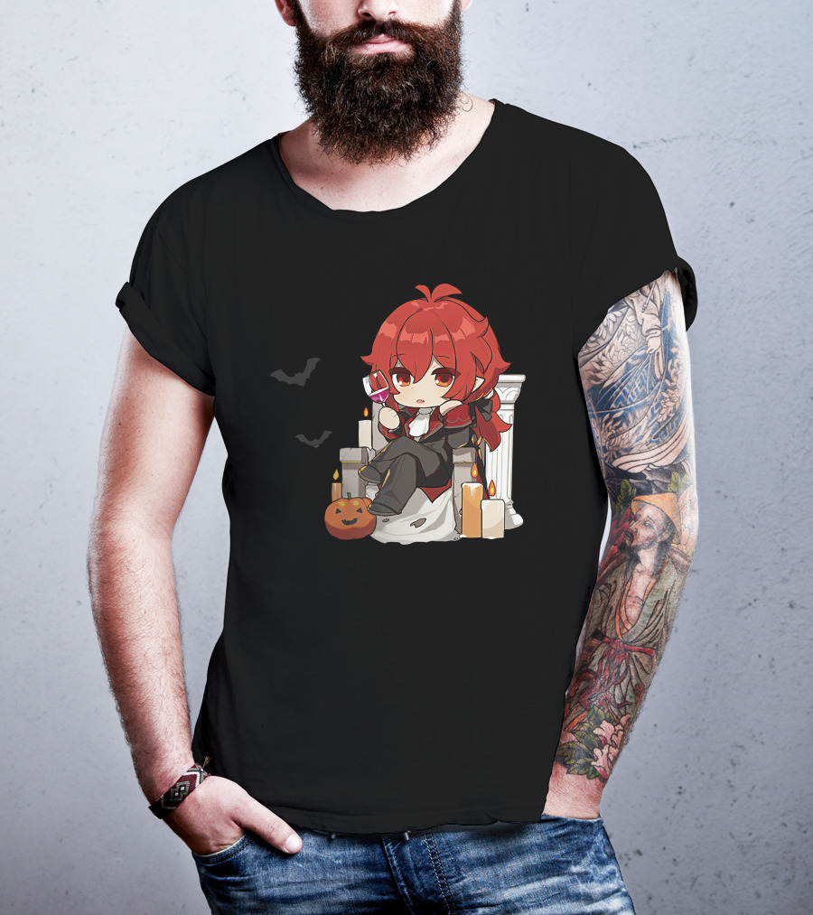 Genshin Impact Diluc Halloween Sitting With Wine And Jack-o'-Lantern T-Shirt
