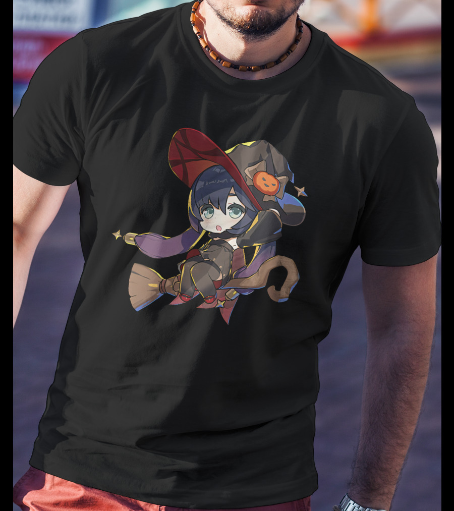 Ae Entropy Happy Halloween Genshin Impact Mona Witch Broom Pumpkin Hat T-Shirt