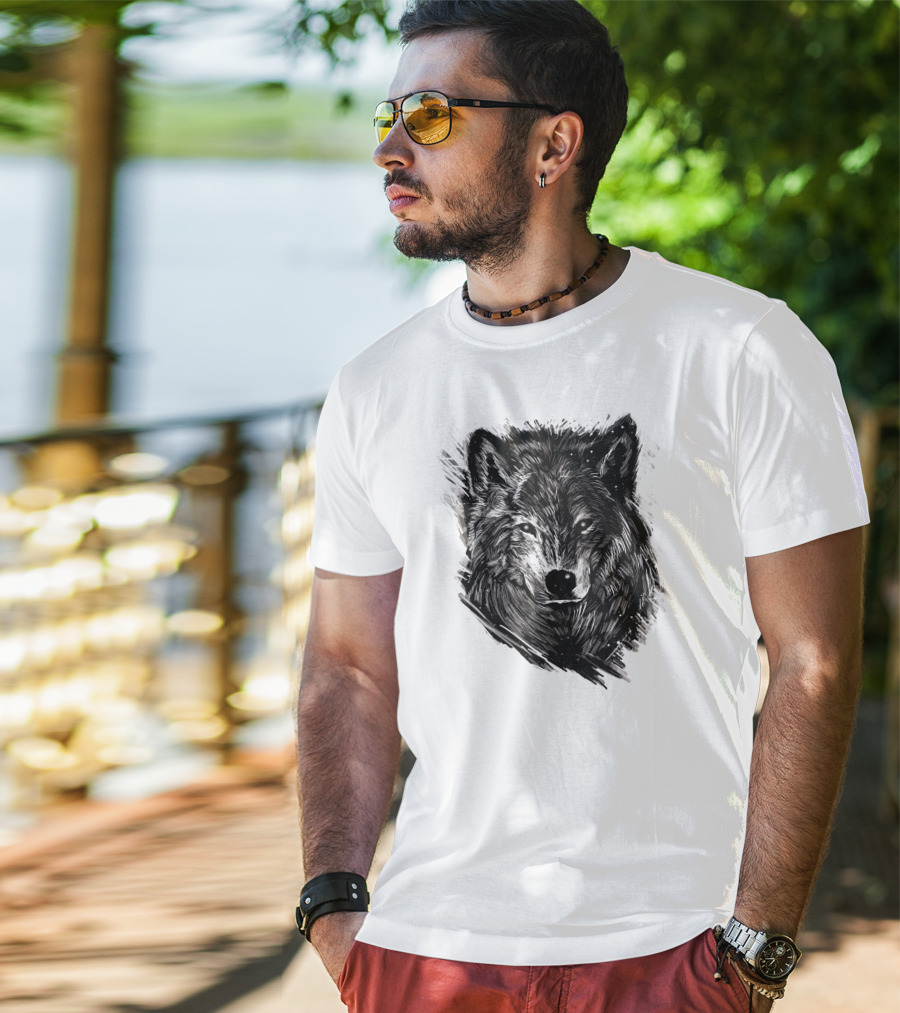 Wolf Sketch Black And White Drawing T-Shirt