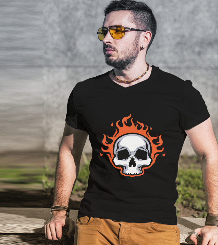 Skull On Fire With Flames T-Shirt