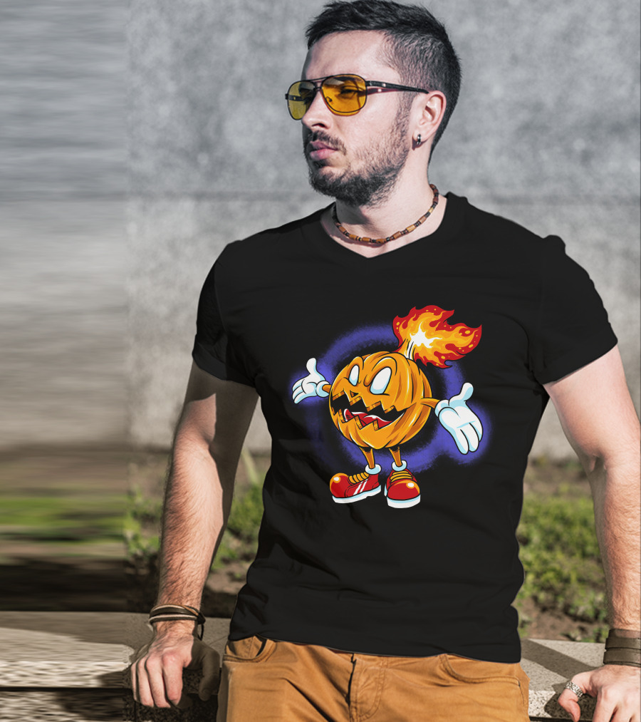 Halloween Pumpkin Fiery Character With Sneakers T-Shirt