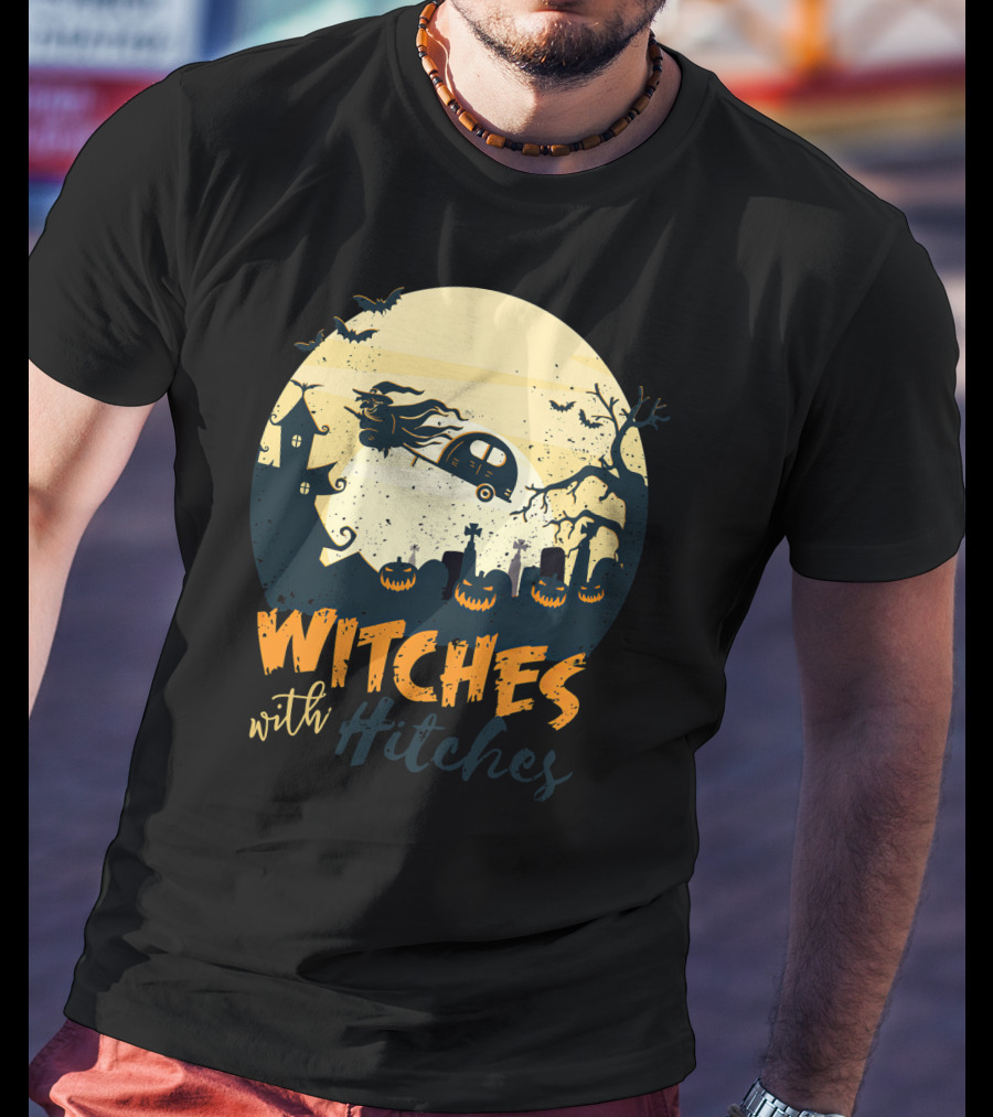 Witches With Hitches Halloween Camper Scene With Flying Broomstick And Spooky Graveyard T-Shirt