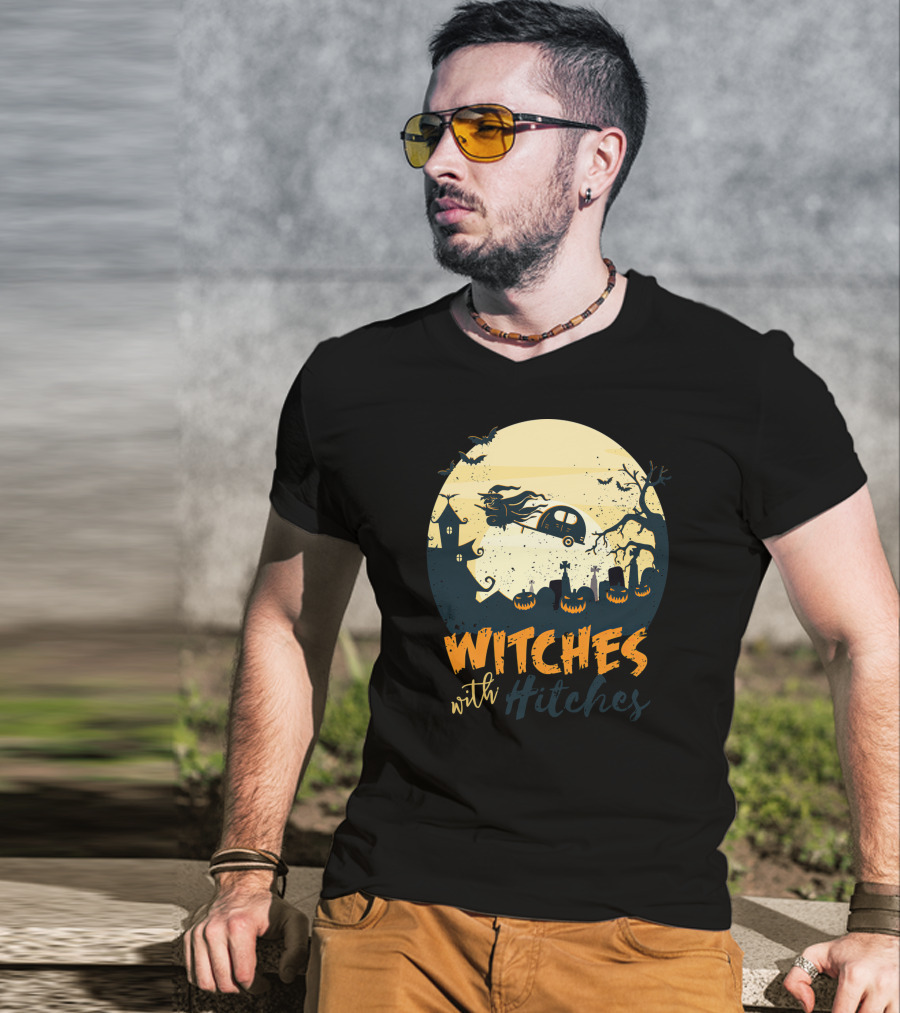Witches With Hitches Halloween Camper Scene With Flying Broomstick And Spooky Graveyard T-Shirt