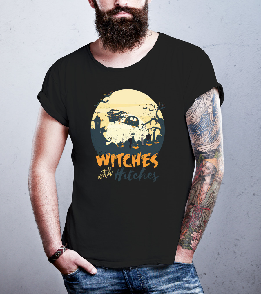Witches With Hitches Halloween Camper Scene With Flying Broomstick And Spooky Graveyard T-Shirt