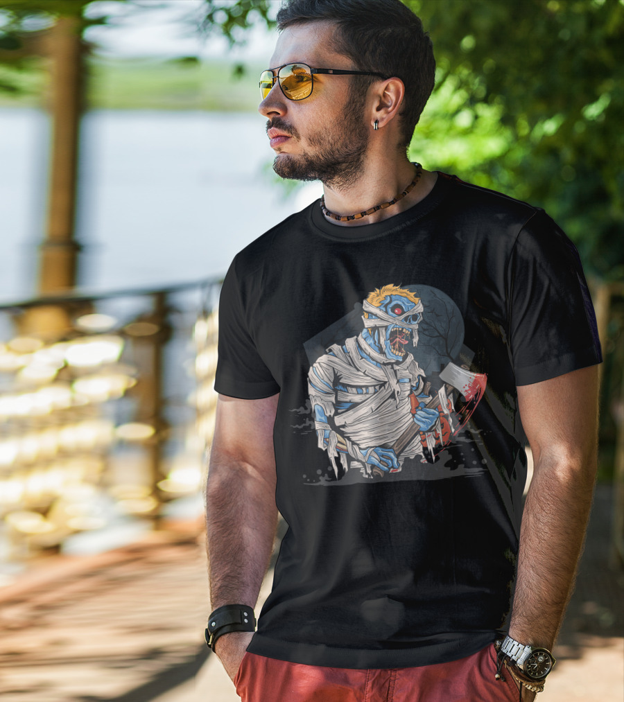 Zombie With Bloody Axe And Tattered Mummy Wrappings Under Full Moon T-Shirt