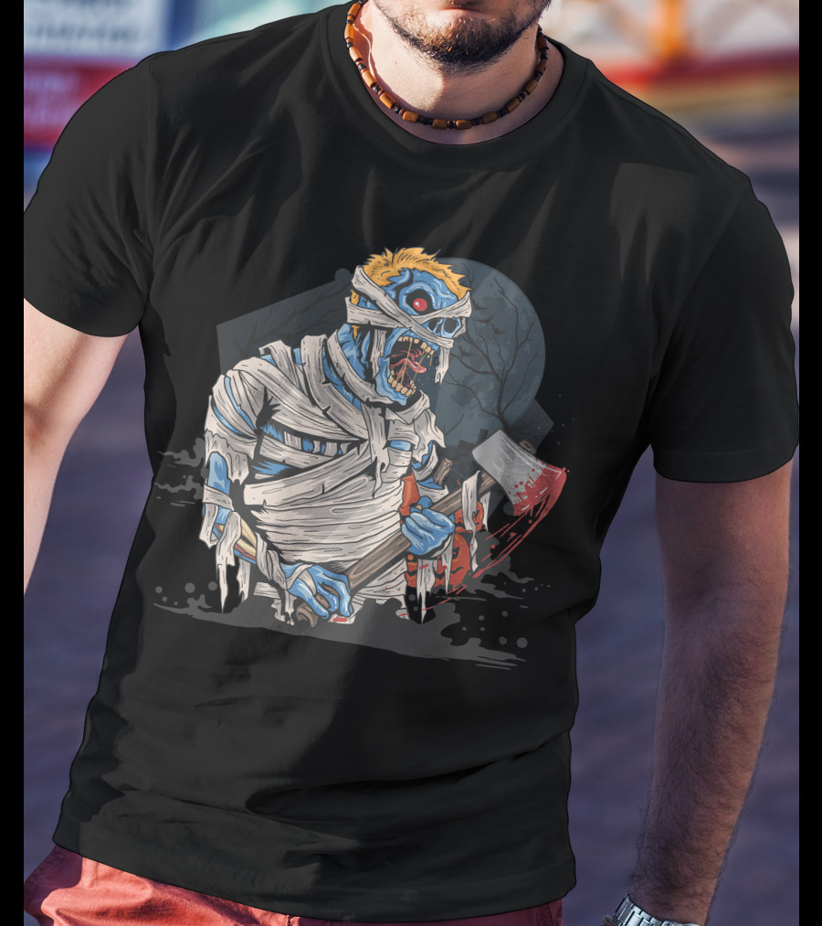 Zombie With Bloody Axe And Tattered Mummy Wrappings Under Full Moon T-Shirt