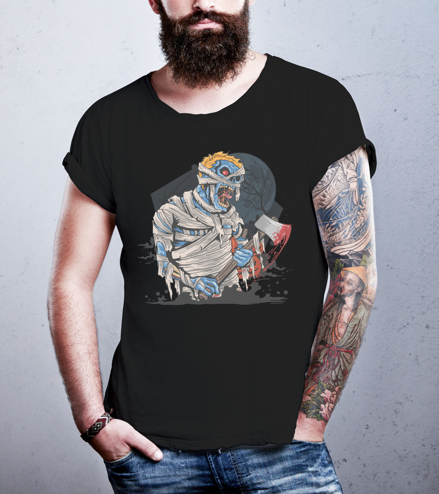 Zombie With Bloody Axe And Tattered Mummy Wrappings Under Full Moon T-Shirt
