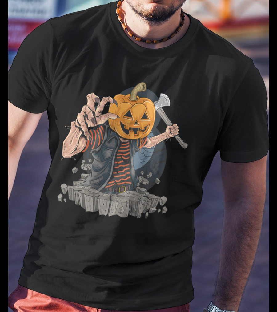 Pumpkin Head Zombie With Axe And Striped Shirt Emerging From Ground T-Shirt