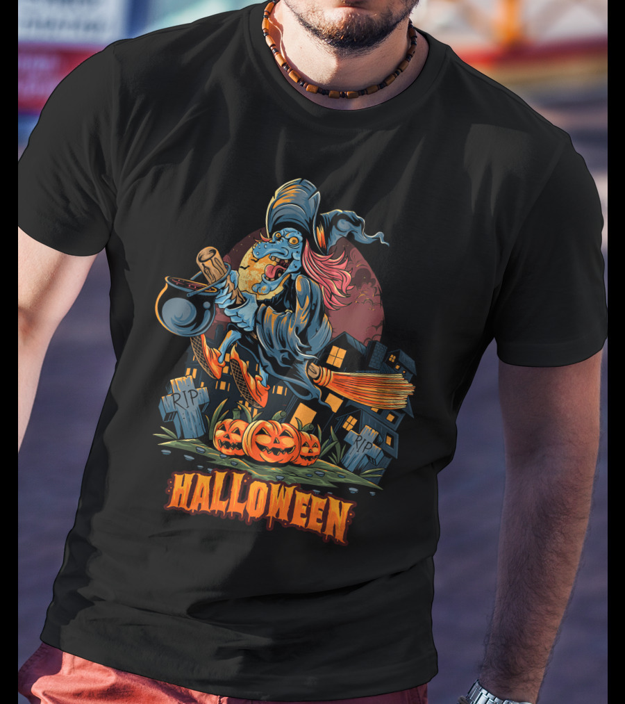 Spooky Halloween Witch Riding Broomstick With Pumpkins And Graveyard T-Shirt